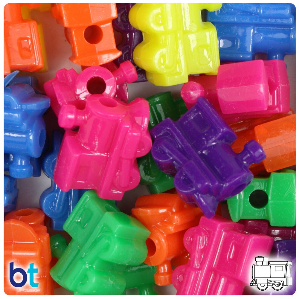 BeadTin Neon Bright Mix 22mm Train Plastic Pony Beads (24pcs)