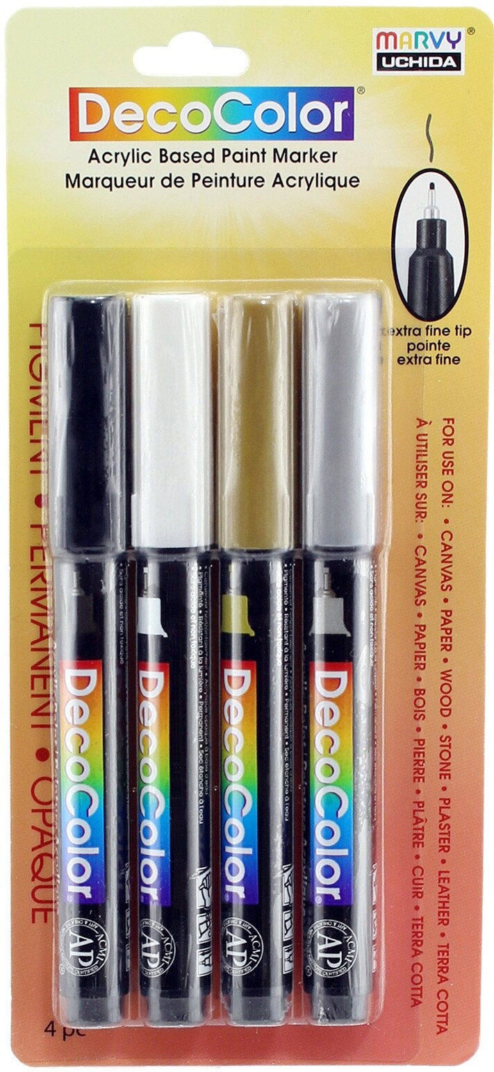 Uchida DecoColor Extra Fine Tip Acrylic Paint Markers 4/Pkg-Black, Gold, Silver And White