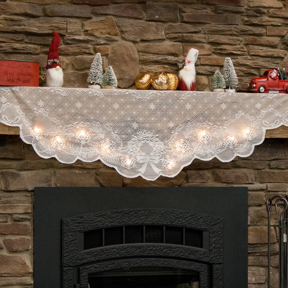 Lighted Mantle Scarf - 98 x 20 inch Ivory Lace Mantel Decor with White Lights