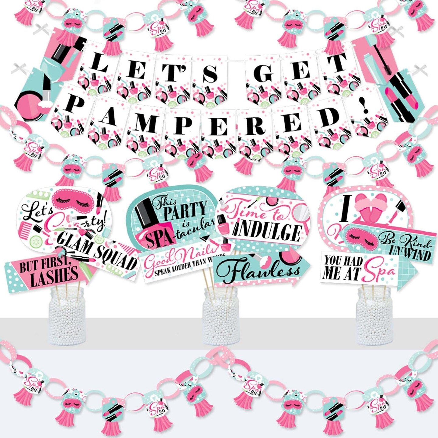 Big Dot of Happiness Spa Day - Banner and Photo Booth Decorations - Girls Makeup Party Supplies Kit - Doterrific Bundle