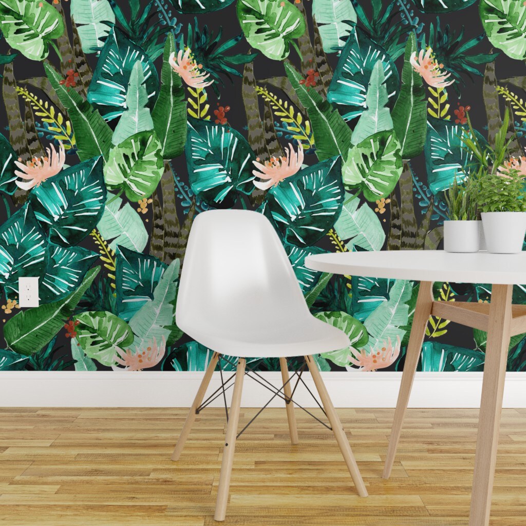 Peel And Stick Wallpaper 2ft Wide Tropical Dark Leaves Banana Leaf Jungle Palm Green Custom