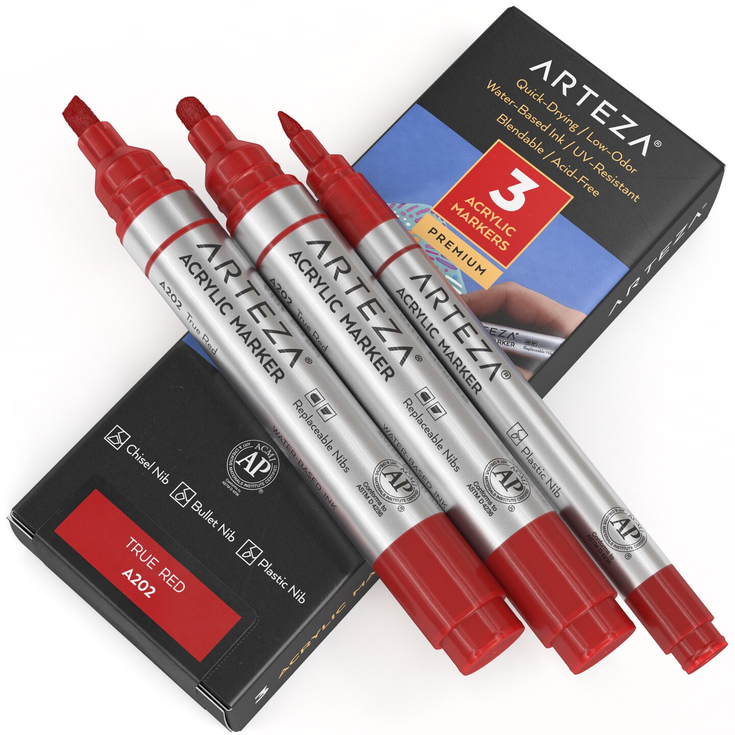 Arteza Acrylic Markers (A202 True Red), 2 Big Barrel (chisel+bullet nib) + 1 Small Barrel , Single Color - 3 Pack