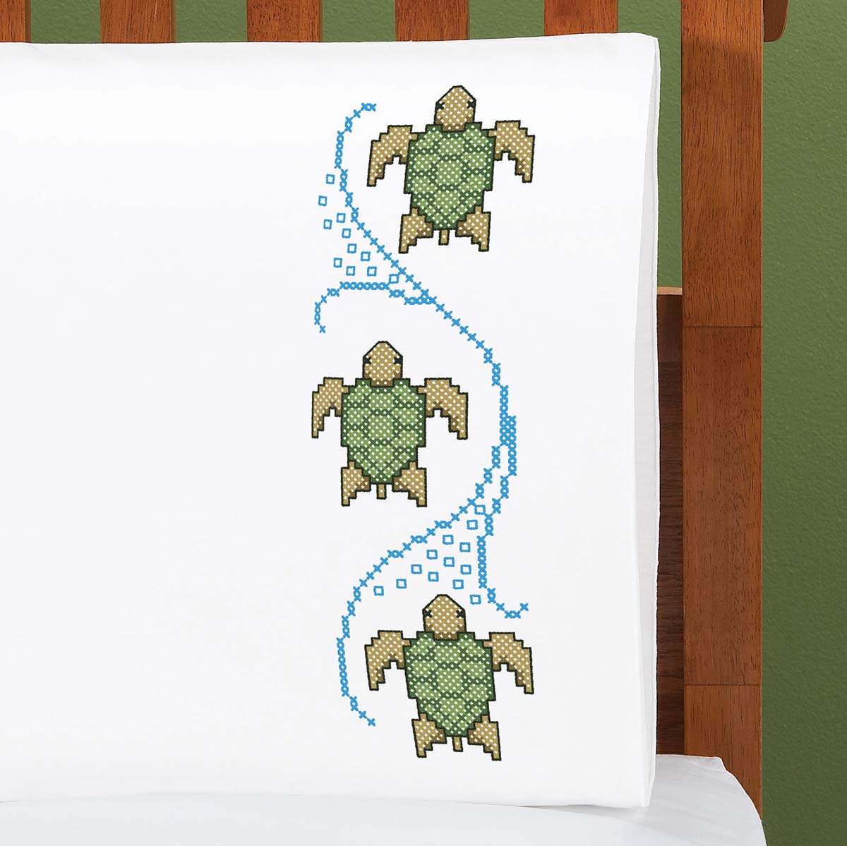 Herrschners Swimming Turtles Pillowcase Pair Stamped CrossStitch