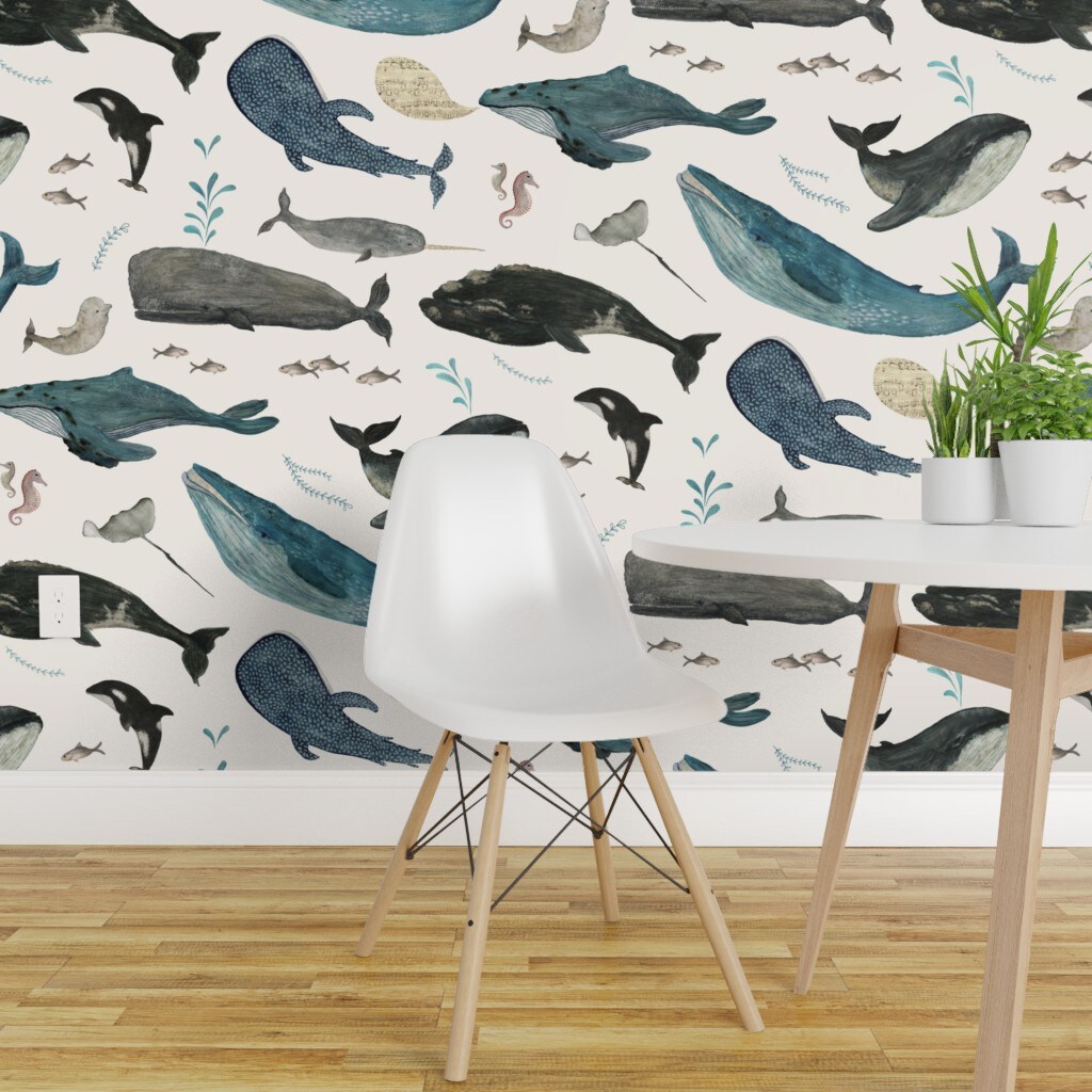 Pre-Pasted Wallpaper 2FT Wide Whale Blue Large Black Whales Gray ...
