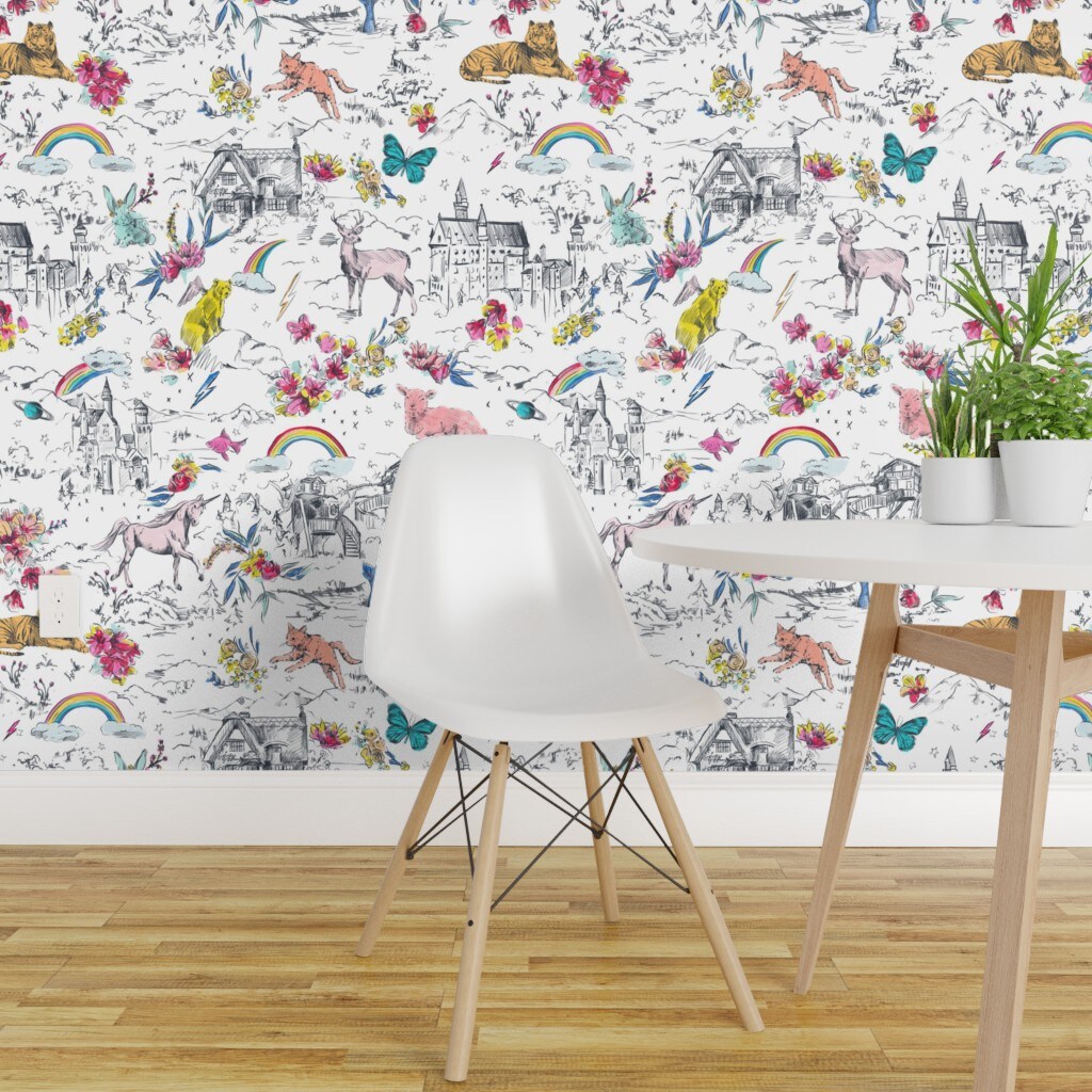 Peel &#x26; Stick Wallpaper 2FT Wide Unicorn Fairy Tale Rainbow Toile Castle Mermaid Rabbit Butterfly Bear Custom Removable Wallpaper by Spoonflower