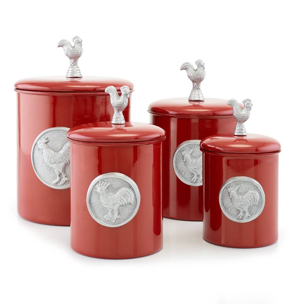 Old Dutch International Red Rooster 4-Piece Stainless Steel Canister Set