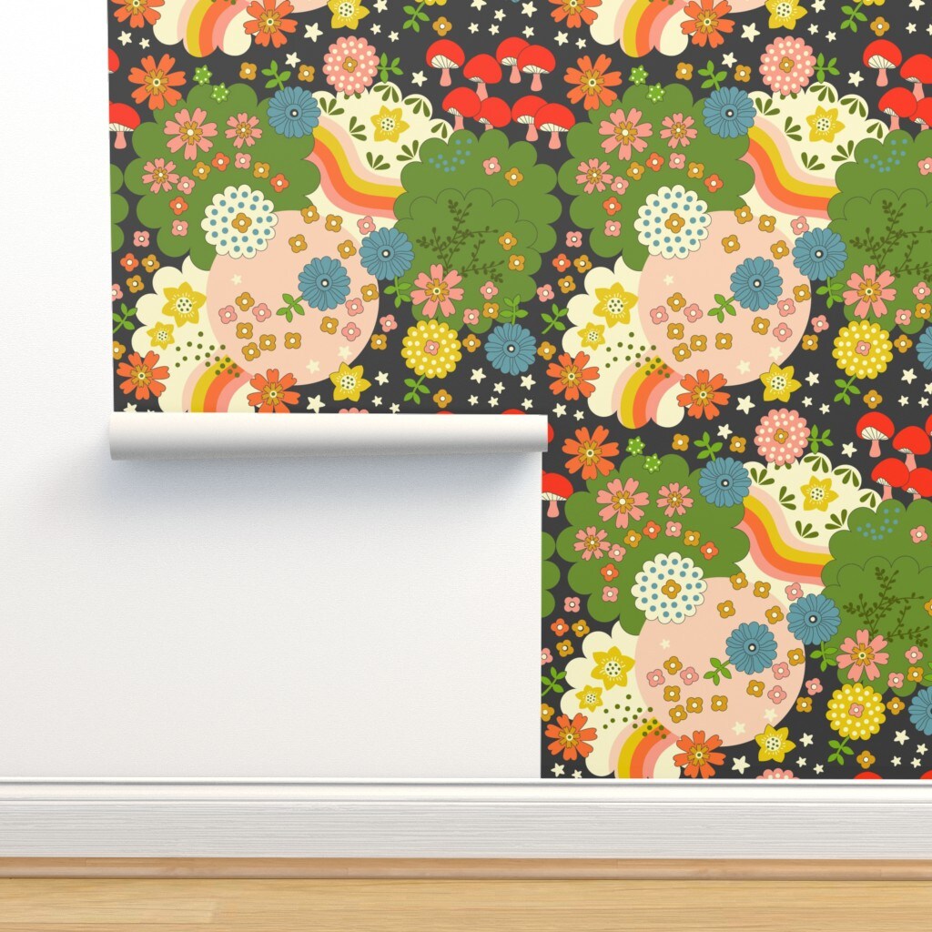 Cosmic Flowering Retro Flowers Vintage Psychedelic Groovy Hippie Mushrooms Stars Rainbows Garden Colorful Custom Pre-pasted Wallpaper by Spoonflower Pre-Pasted Wallpaper 2FT Wide