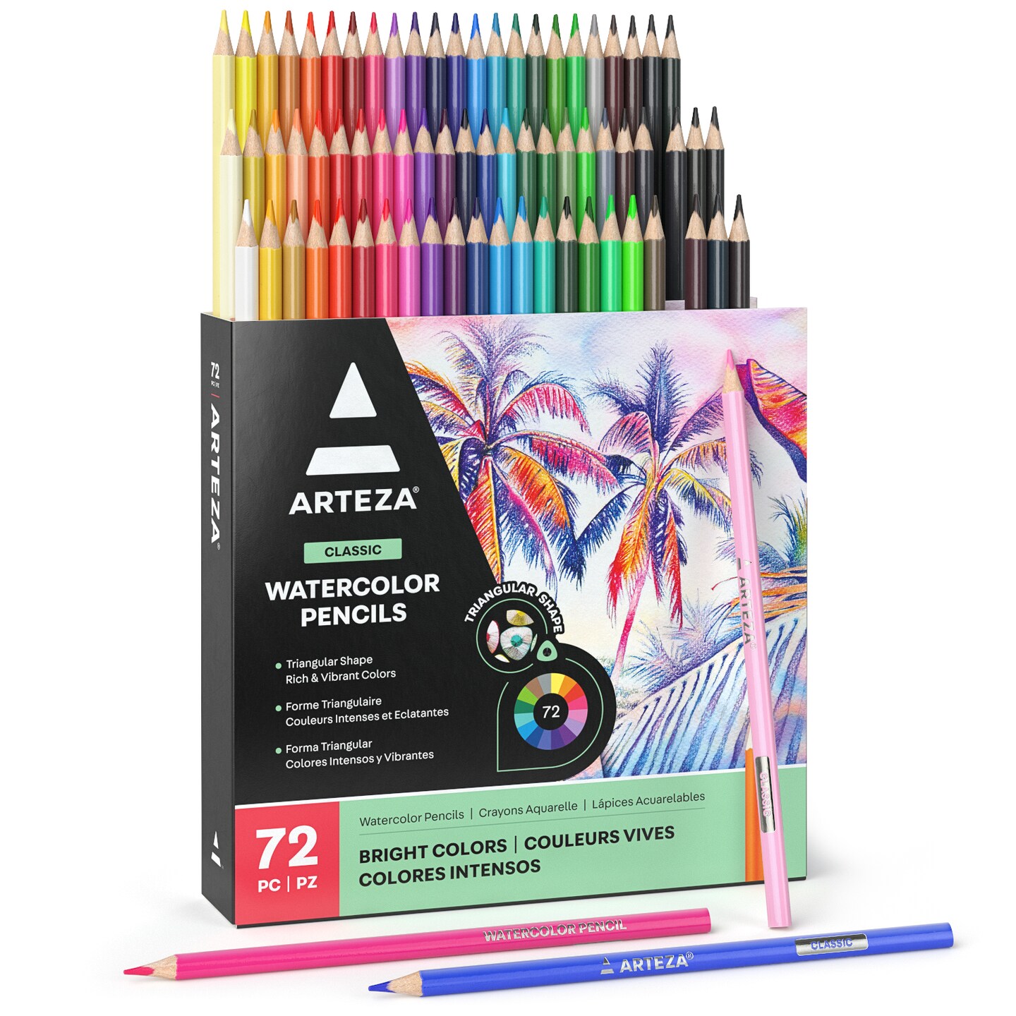 Arteza Watercolor Pencils, 72 Assorted Colors, Triangular Shape, Pencil Crayons for Coloring Books and Canvas, Watercolor Brush Included, Art Supplies
