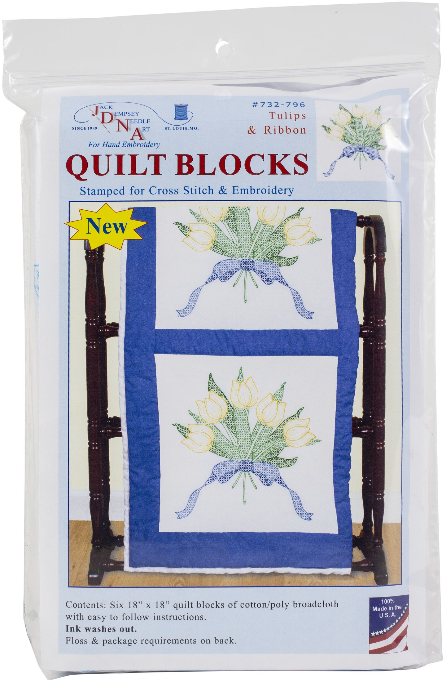 Jack Dempsey Stamped White Quilt Blocks 18"X18" 6/Pkg-Tulips & Ribbon