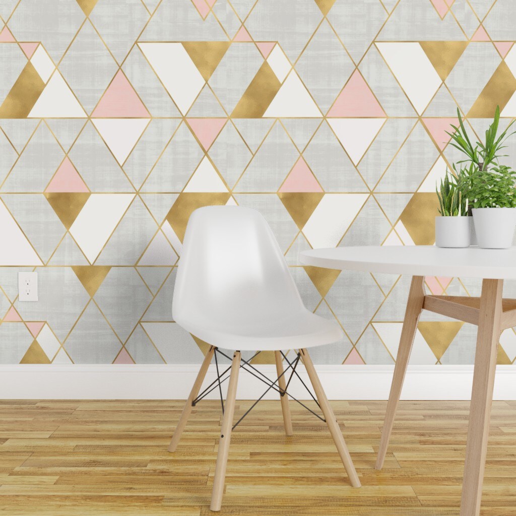 Peel & Stick Wallpaper 2FT Wide Mod, Triangle, Geometric, Gold, Blush, Pink, Neutral, Modern Custom Removable Wallpaper by Spoonflower