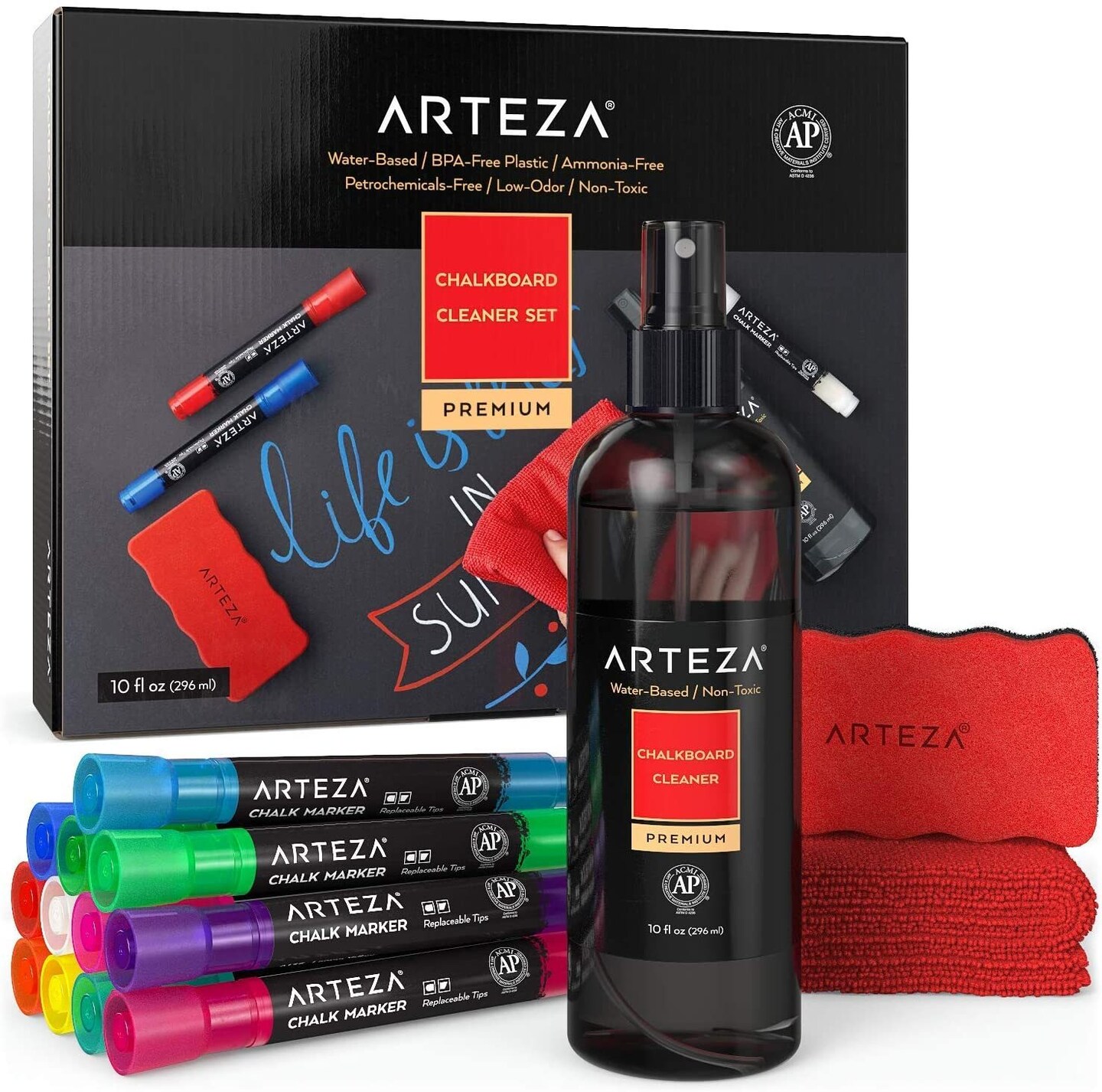 Arteza Chalkboard Cleaner Set with 12 Chalk Paint Markers, Microfiber Towel, Magnetic Erasers and 10 oz Cleaner for School