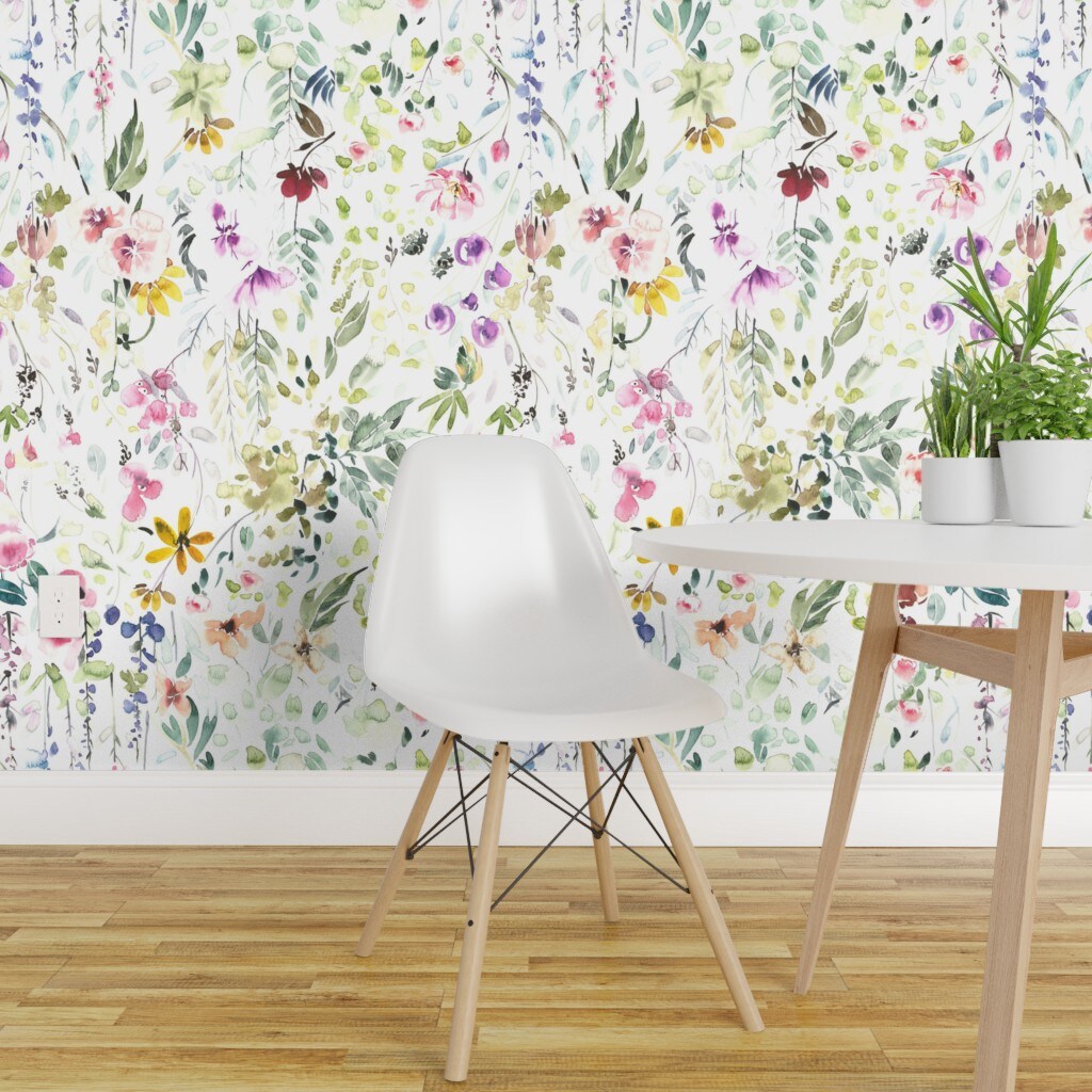 Peel & Stick Wallpaper 2FT Wide Spring Florals Wildflower Pastel Flower Blooms Watercolor Botanical Whimsical Girl Custom Removable Wallpaper by Spoonflower