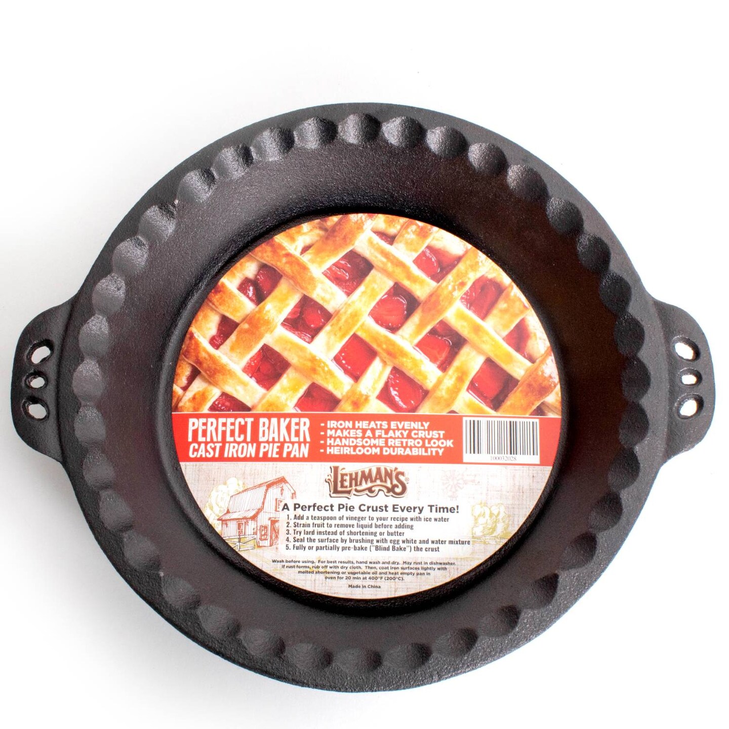 Lehman&#x27;s Extra Deep Pie Pan, Pre-Seasoned Cast Iron Bakeware with Crimped Edges and Handles, 10.25 inches