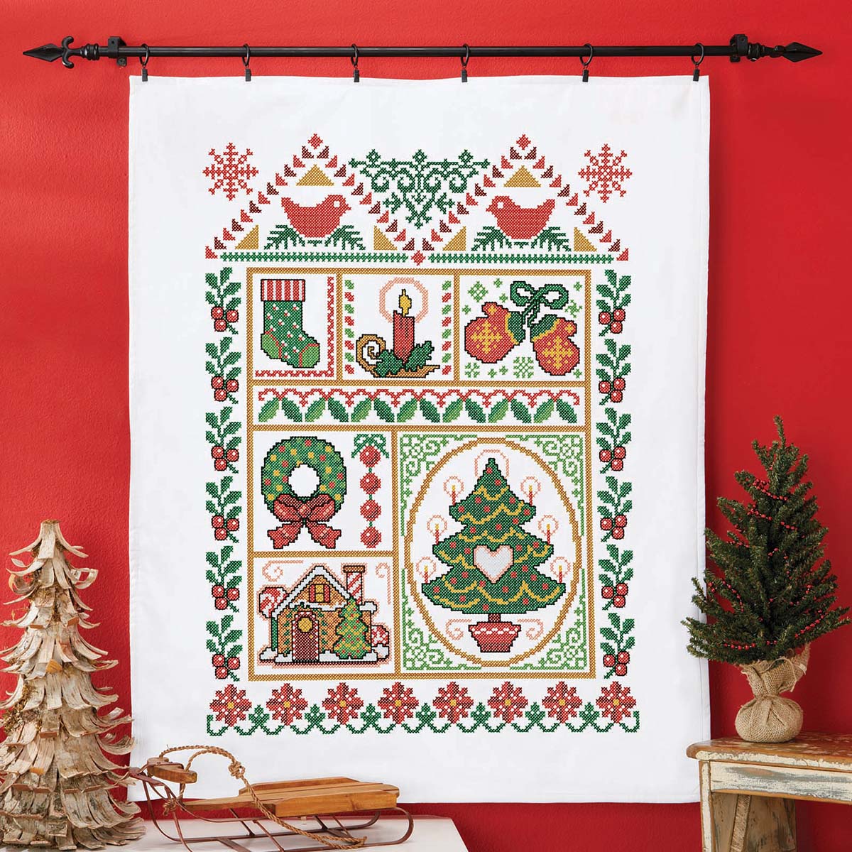 Herrschners Christmas Sampler Lap Quilt Top Stamped CrossStitch Kit