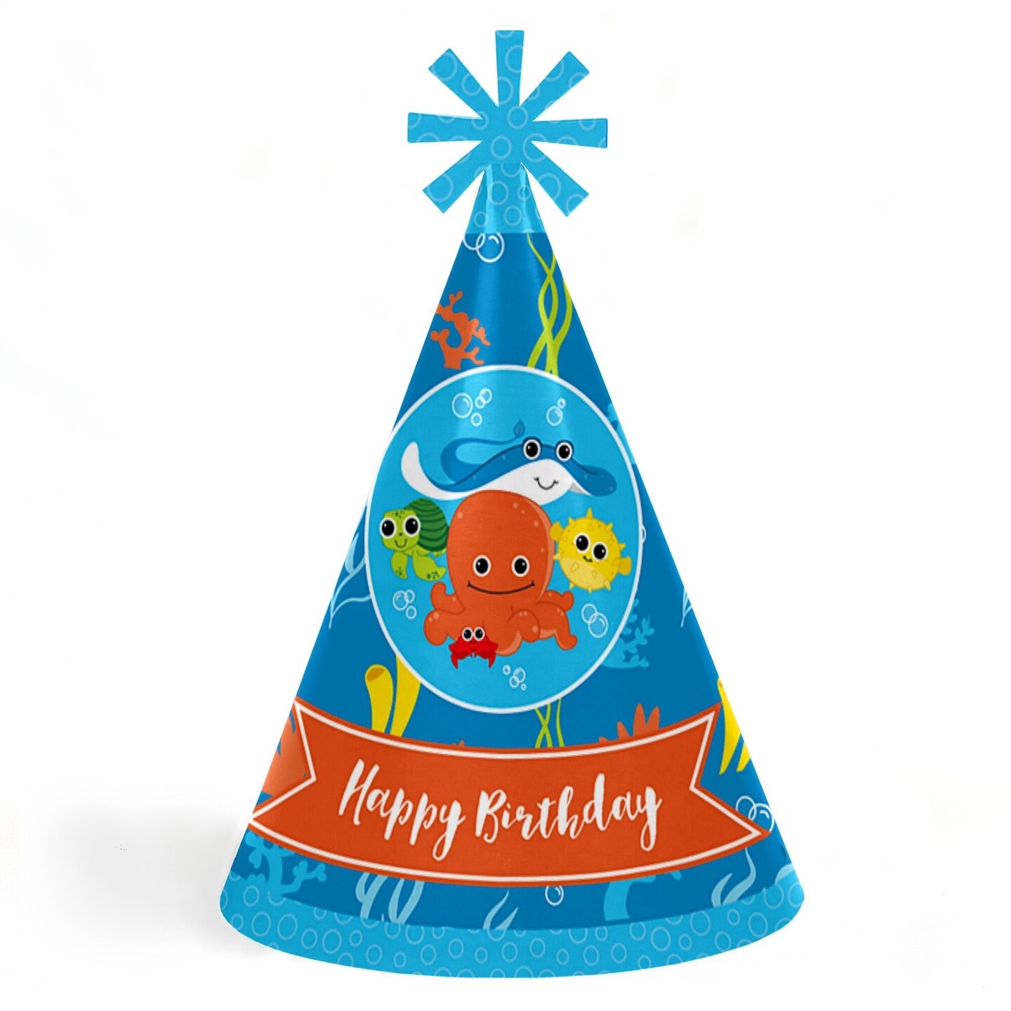 Big Dot of Happiness Under the Sea Critters - Cone Happy Birthday Party Hats for Kids and Adults - Set of 8 (Standard Size)