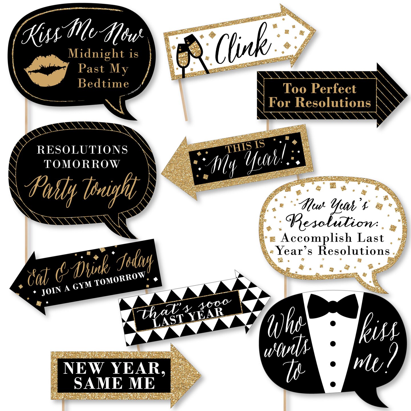 Big Dot of Happiness Funny New Year&#x27;s Eve - Gold - New Years Eve Party Decorations - Photo Booth Props Kit - 10 Piece