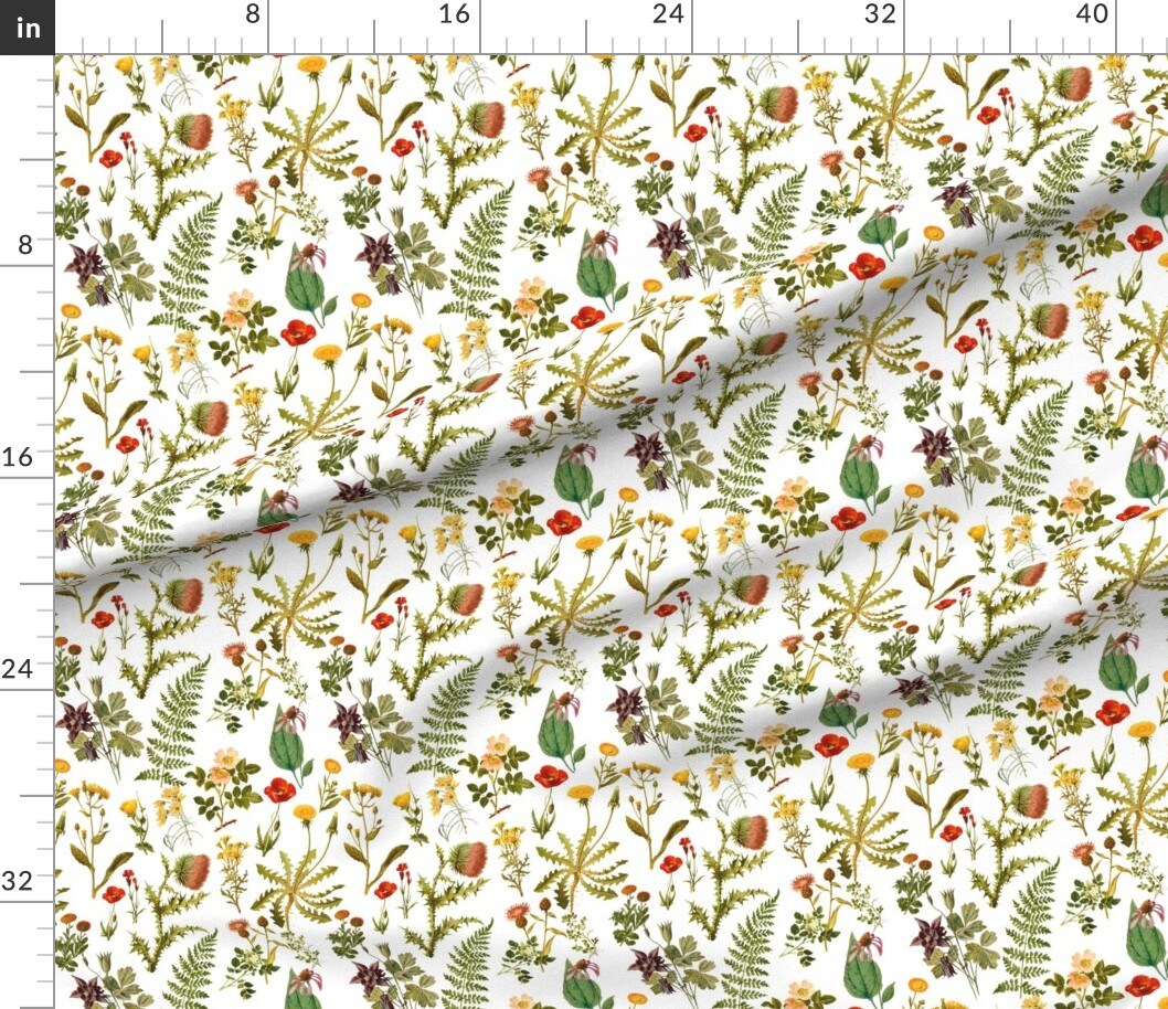 Vintage Botanical Wildflowers Small Florals Botanicals Woodland Flowers Spring Nature Art Illustration Custom Printed Fabric by Spoonflower Various Fabrics by the Yard or Fat Quarter