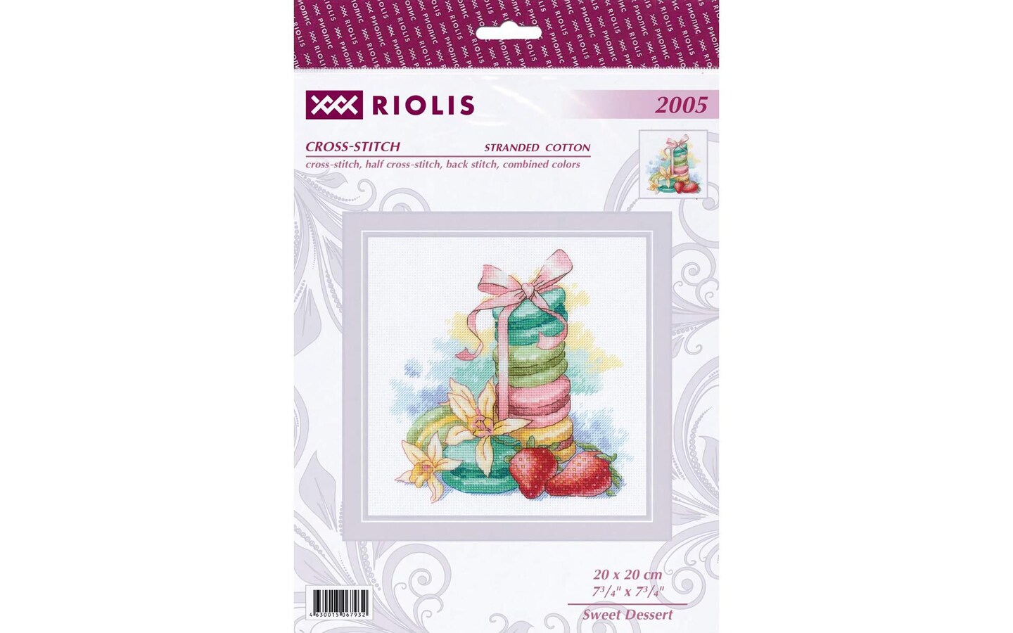 Riolis Cross Stitch Kit Sweet Dessert, 7 3/4&#x22; x 7 3/4&#x22; (20 x 20 cm), stranded cotton, cross-stitch, half cross-stitch, back stitch and combined colors, included all supplies