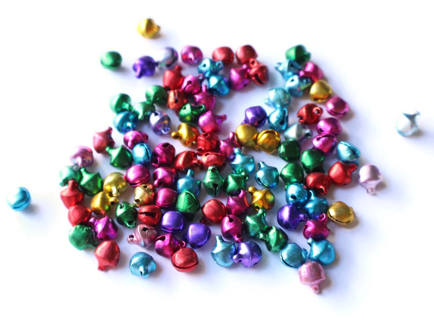 100 Small Mixed Color Jingle Bell Beads - Jewel Tone Aluminum Bell Charms
