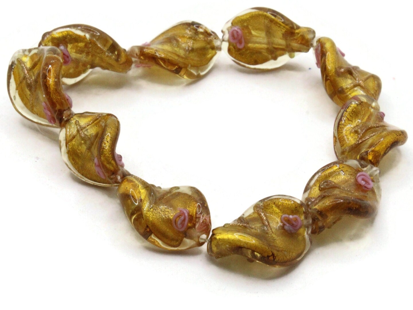 10 20mm Golden Yellow with Pink and Green Flower Lampwork Glass Flat Oval Twist Beads