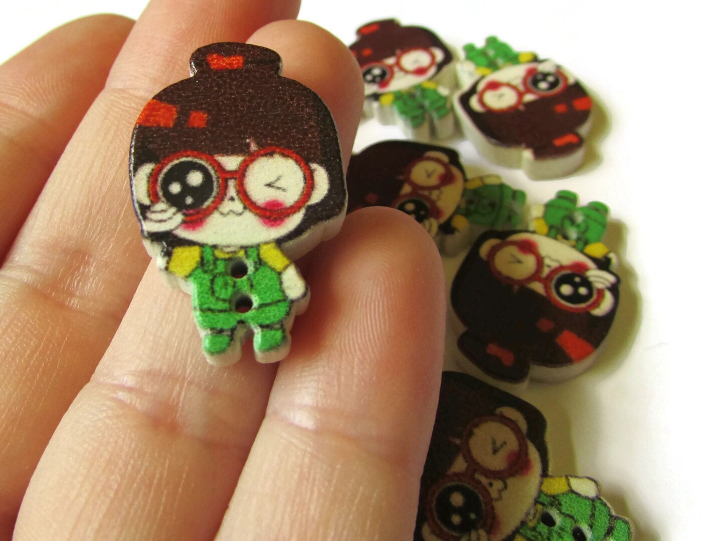 10 29mm Wooden Two Hole Buttons Brown Haired Girl with Green Overalls