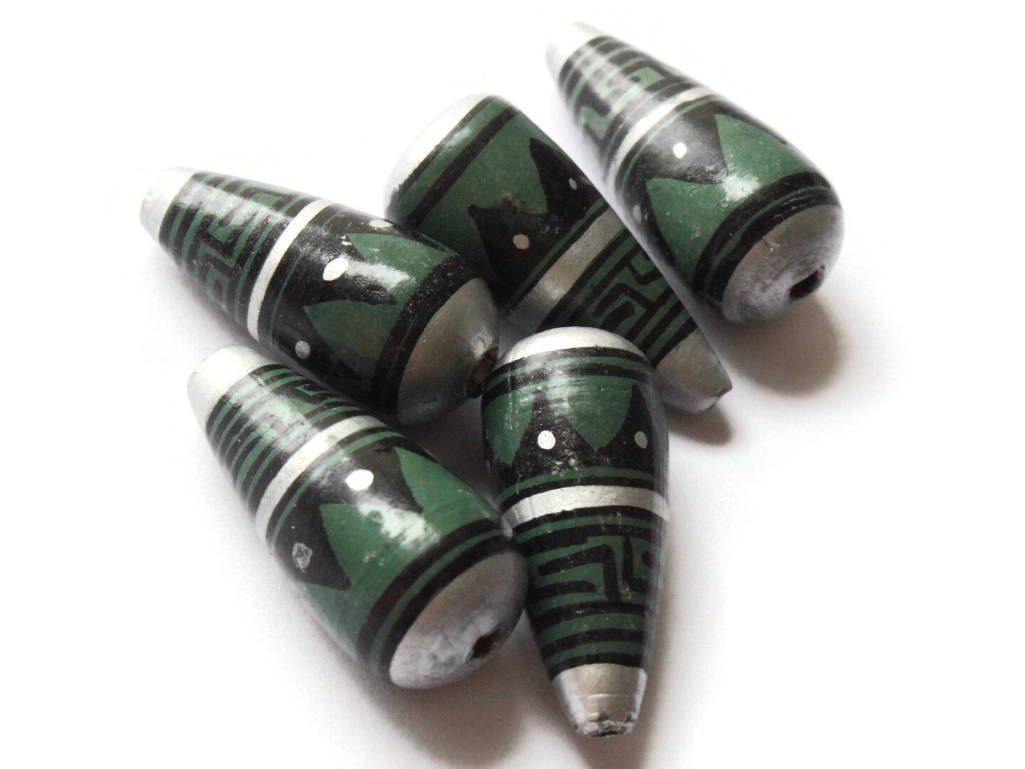 5 28mm Vintage Painted Peruvian Clay Beads - Green Silver and Black Patterned Teardrop Beads