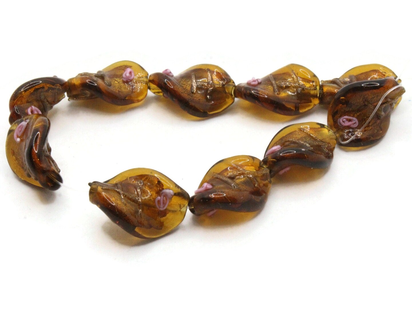 10 20mm Brown with Pink and Green Flower Lampwork Glass Flat Oval Twist Beads