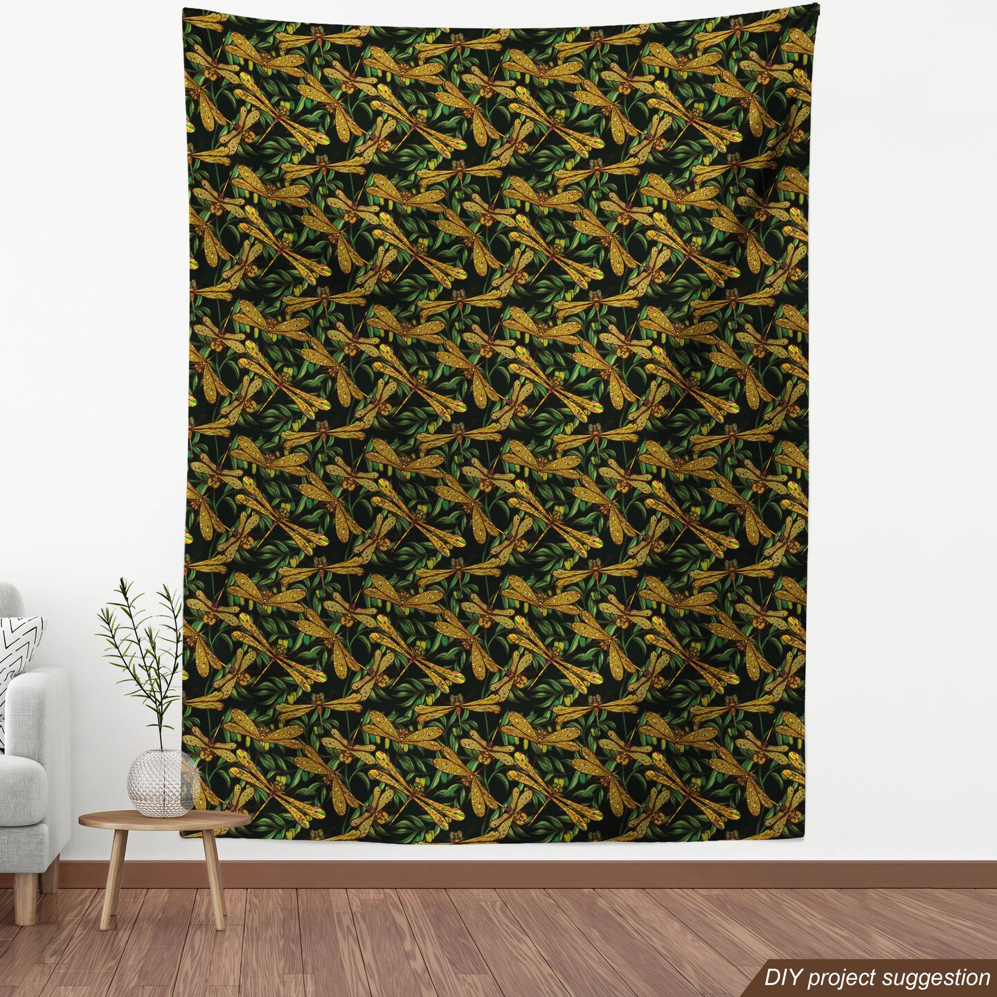 Ambesonne Dragonfly Fabric by the Yard, Pattern of Dragonflies and Green Olive Branches Mediterranean Nature Vibes, Decorative Fabric for Upholstery and Home Accents, 5 Yards, Dark Green