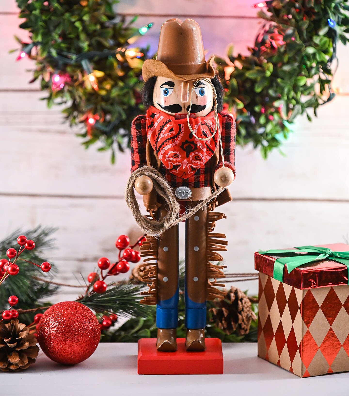 Ornativity Christmas Western Cowboy Nutcracker &#x2013; Brown and Red Wooden Nutcracker Cow Boy with a Rope and Lasso Xmas Themed Holiday Nut Cracker Doll Figure Decorations