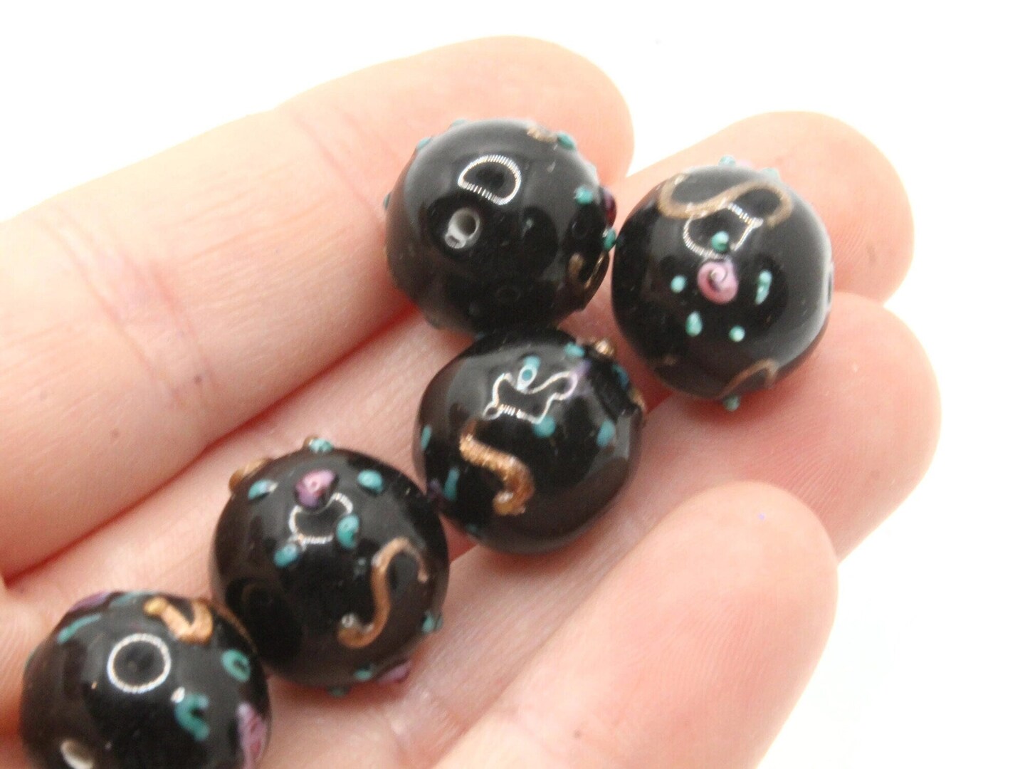 5 14mm Round Black Floral Lampwork Glass Multi-color Wedding Cake Beads
