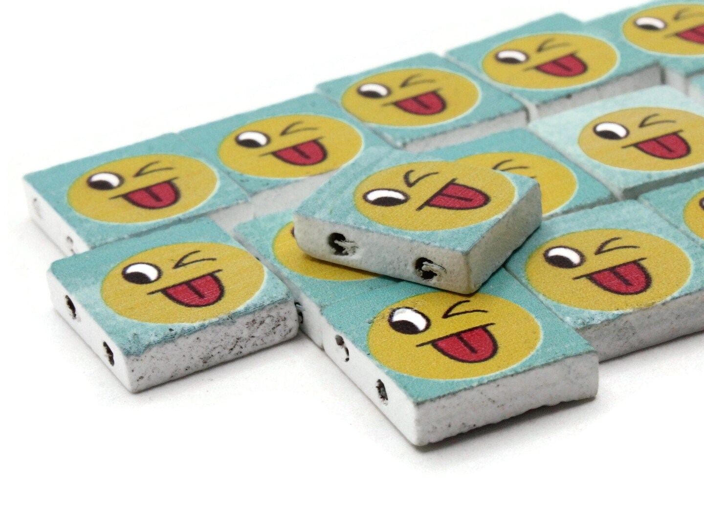 15 20mm Blue and Yellow Winking Wooden Happy Face Rectangle Beads - Two Hole Emoji Beads