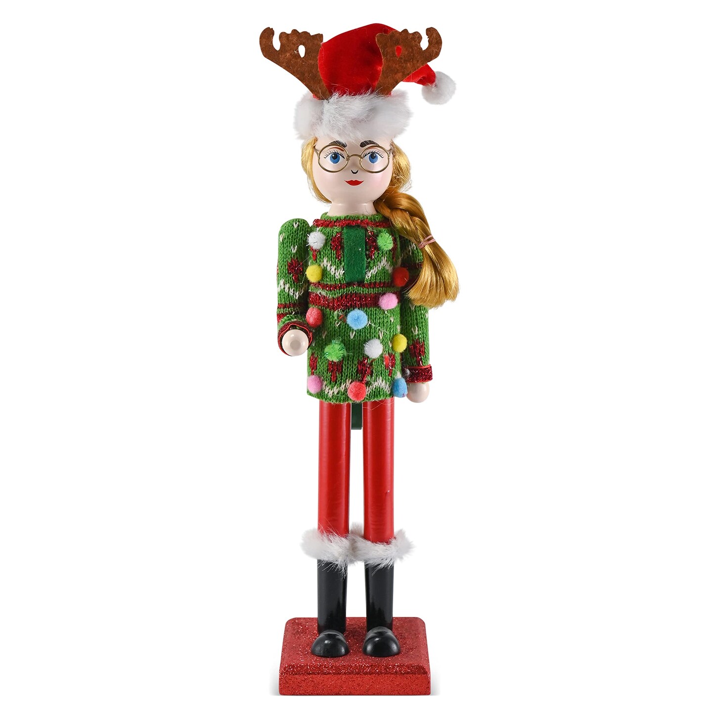 Ornativity Christmas Ugly Sweater Nutcracker &#x2013; Red and Green Wooden Nutcracker Woman with an Ugly Sweater and Reindeer Hat Xmas Themed Holiday Nut Cracker Doll Figure Decorations