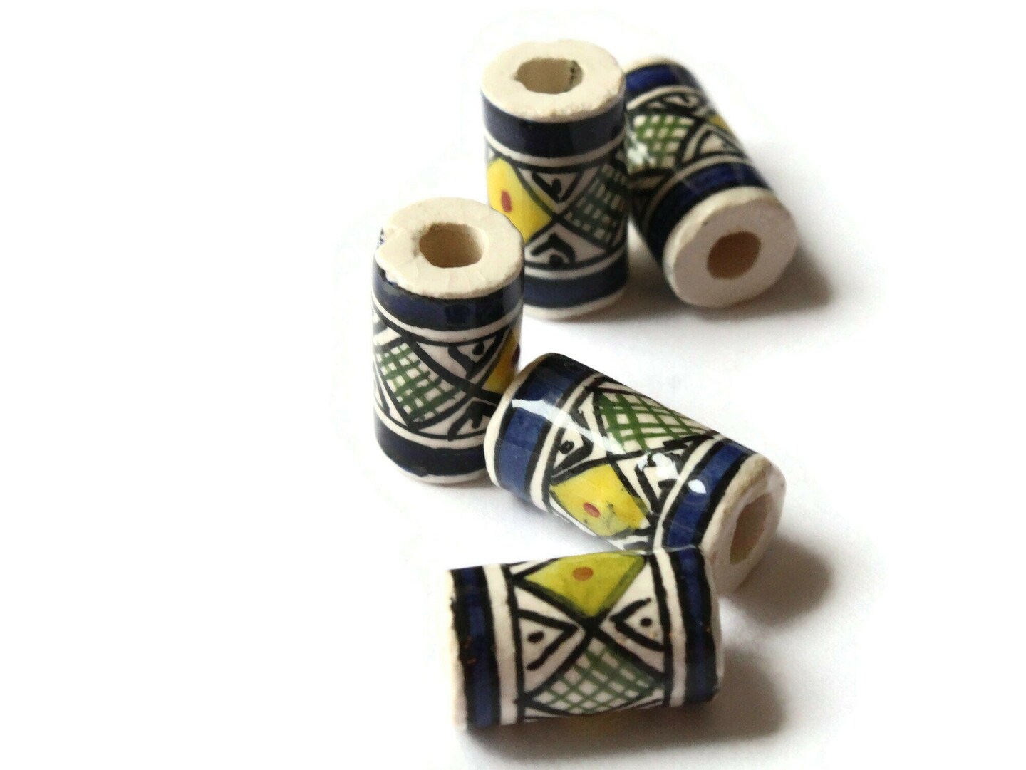 5 17mm Vintage Painted Peruvian Clay Beads - White Blue and Yellow Tube Beads by Smileyboy Beads | Michaels