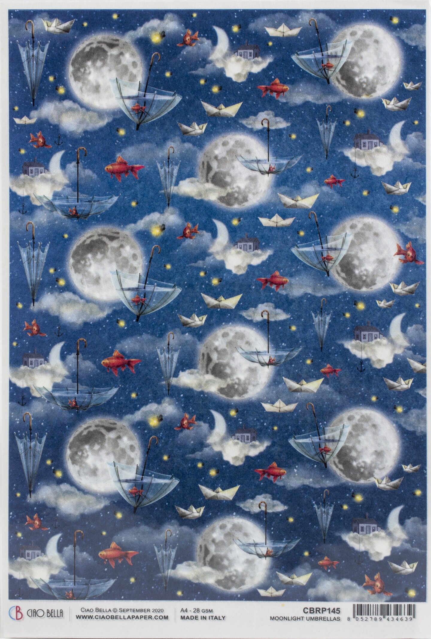 Ciao Bella Rice Paper Sheet A4 5/Pkg-Moonlight Umbrellas, Moon & Me ...