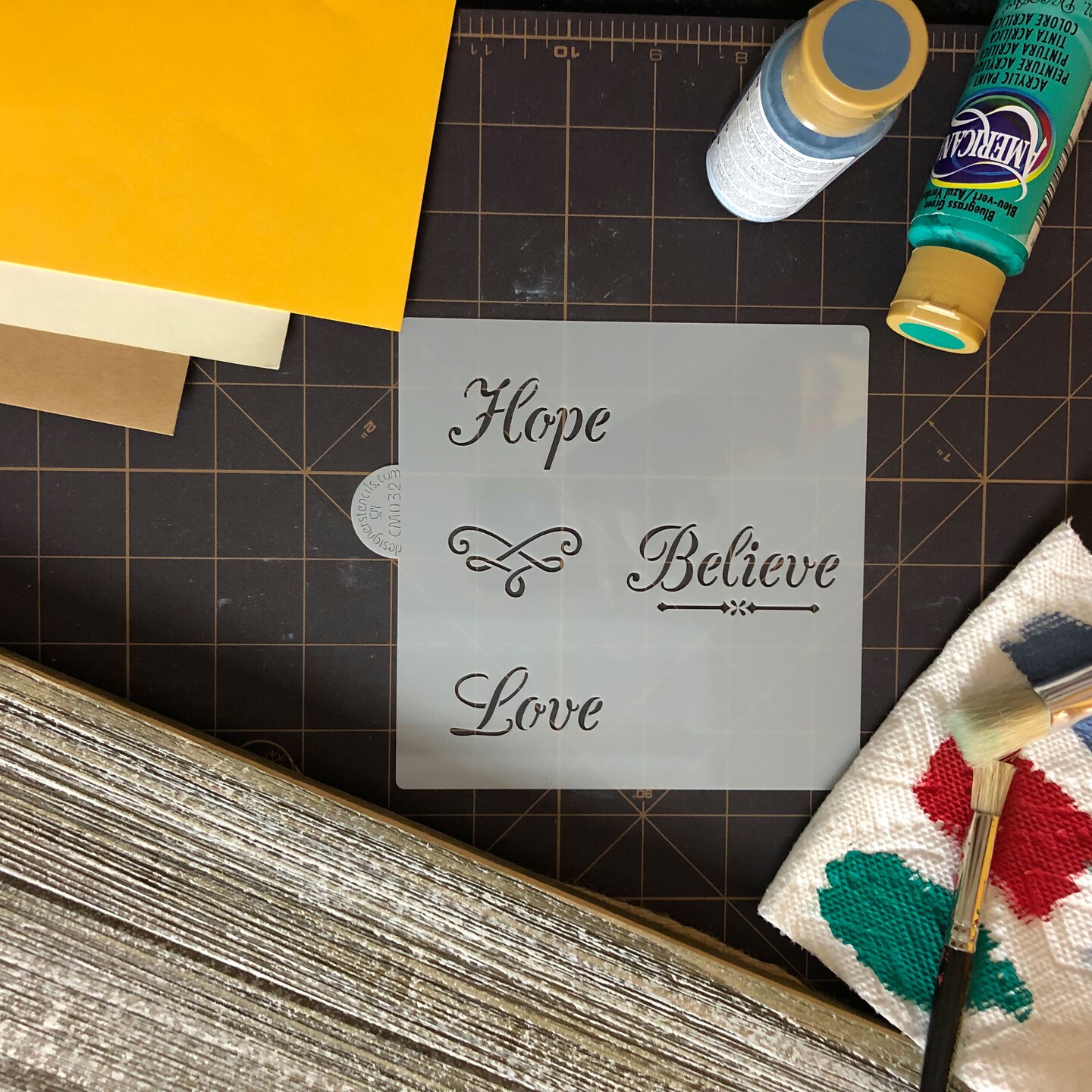 Hope, Believe, Love Cookie & Craft Stencil | CM032 by Designer Stencils | Cookie Decorating Tools | Baking Stencils for Royal Icing, Airbrush, Dusting Powder | Craft Stencils for Canvas, Paper, Wood | Reusable Food Grade Stencil