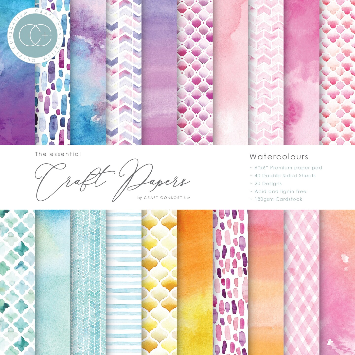 Craft Consortium Double-Sided Paper Pad 6&#x22;X6&#x22; 40/Pkg-Watercolors, 20 Designs