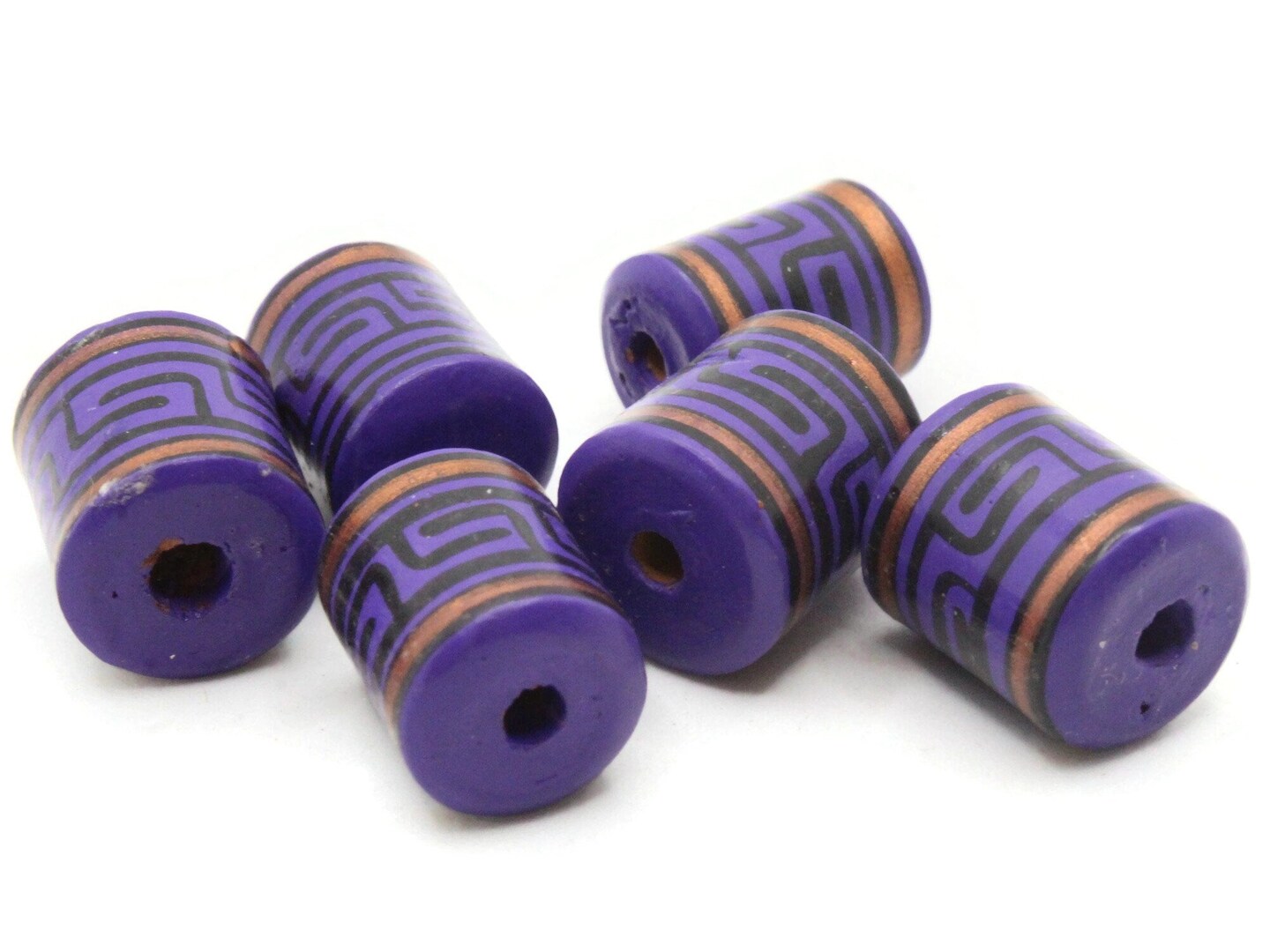 6 16mm Vintage Painted Clay Purple Copper and Black  Patterned Peru Tube Beads