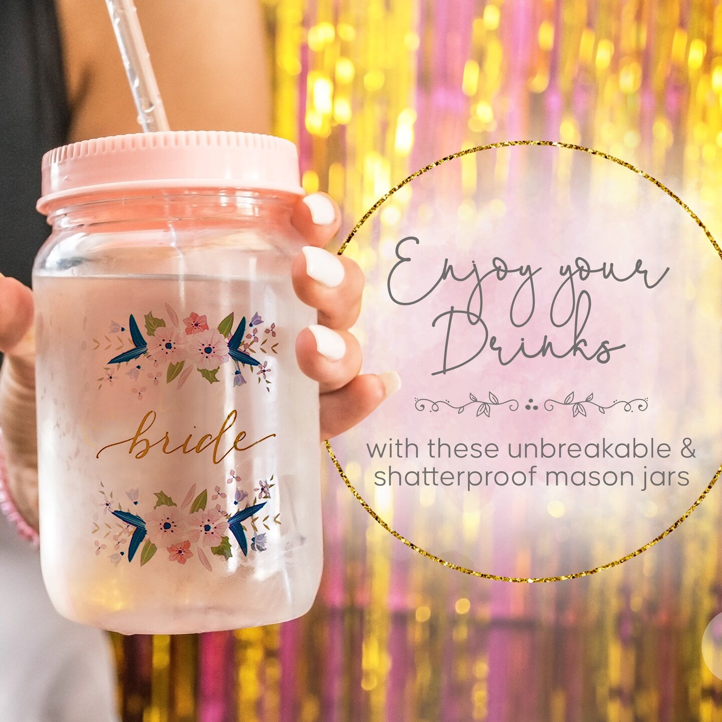 11 Piece Set of Plastic Mason Jars for Bachelorette Parties, Weddings, and Bridal Showers