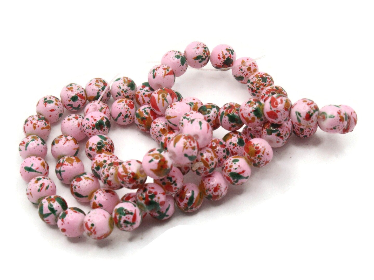 68 6mm Pink Red and Green Splatter Paint Round Glass Beads