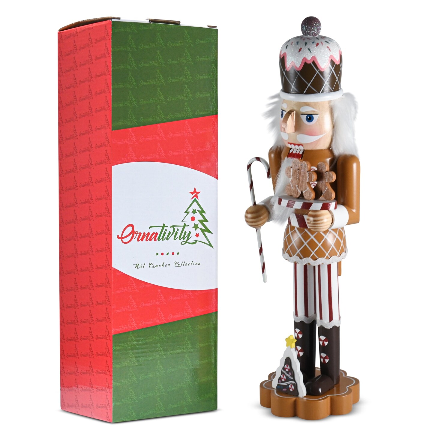 Ornativity Christmas Candyland Gingerbread Nutcracker &#x2013; Wooden Nutcracker Candy Man with Candy Cane and Gingerbread Cookies in Hand Xmas Themed Holiday Nut Cracker Doll Figure Decorations