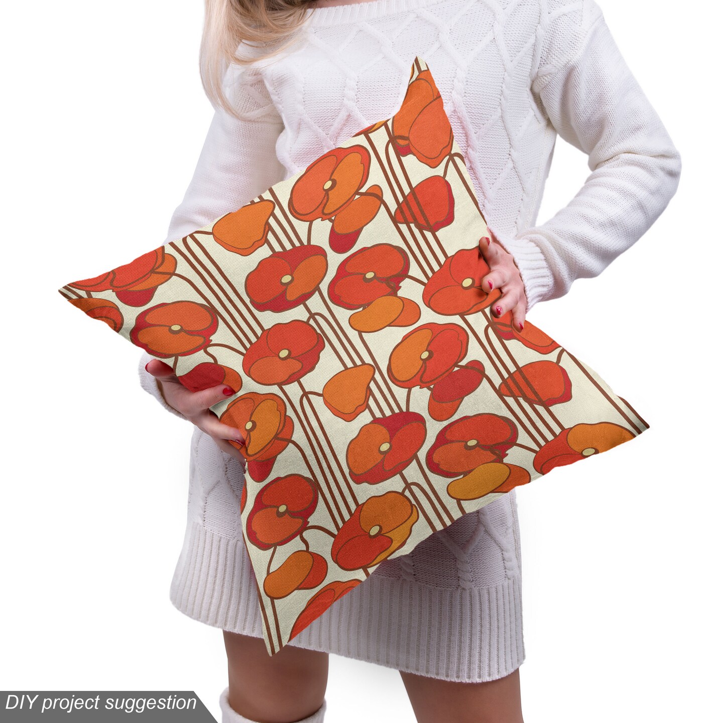 Ambesonne Floral Fabric by the Yard, Art Nouveau Style Poppy Flowers Retro Spring Summer Garden Foliage Petals, Decorative Fabric for Upholstery and Home Accents, 1 Yard, Orange and Ivory
