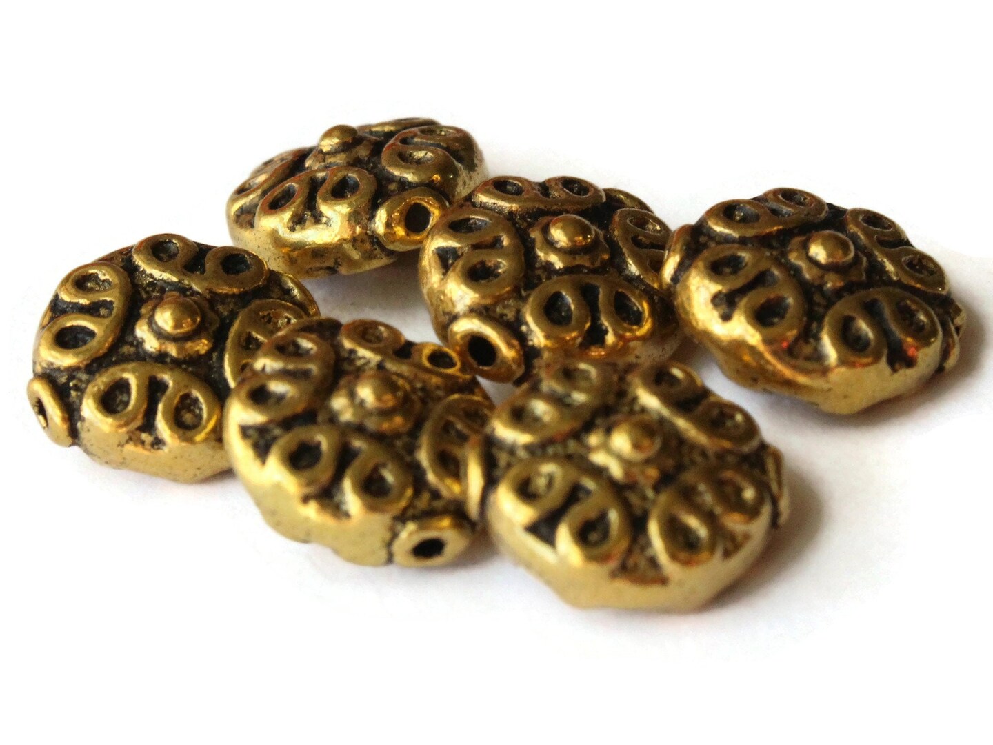 6 12mm Antique Golden Patterned Coin Beads with Rim