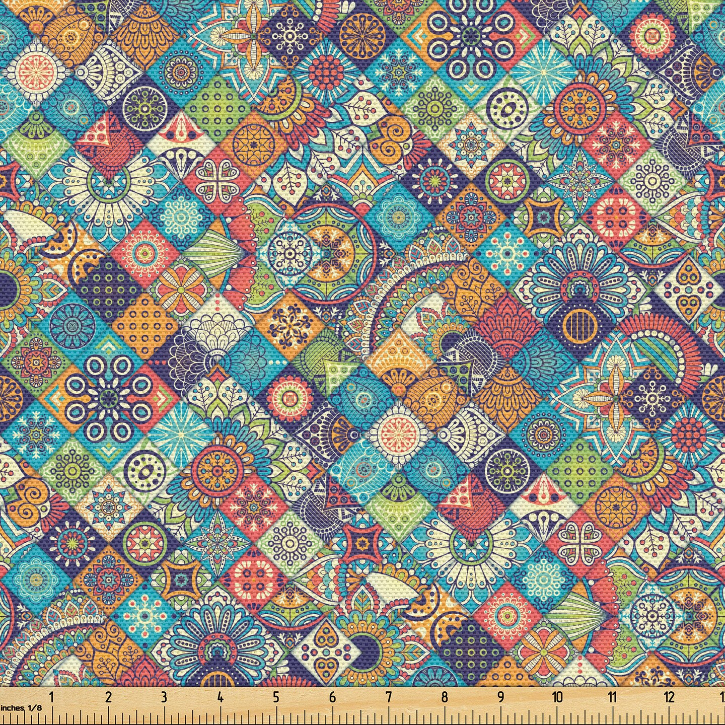 Ambesonne Bohemian Fabric by the Yard, Geometric Pattern Ornamental Floral Folk Art Abstract, Decorative Fabric for Upholstery and Home Accents, 1 Yard, Multicolor