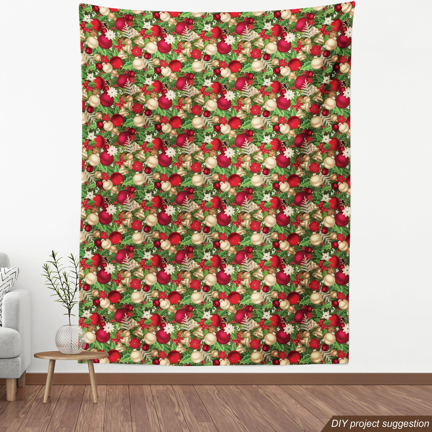 Ambesonne Christmas Fabric by the Yard, Tree Branches Spruce Leaves Balls Bells Cones Poinsettia Flowers Mistletoe Berry, Decorative Fabric for Upholstery and Home Accents, 3 Yards, Ruby Green