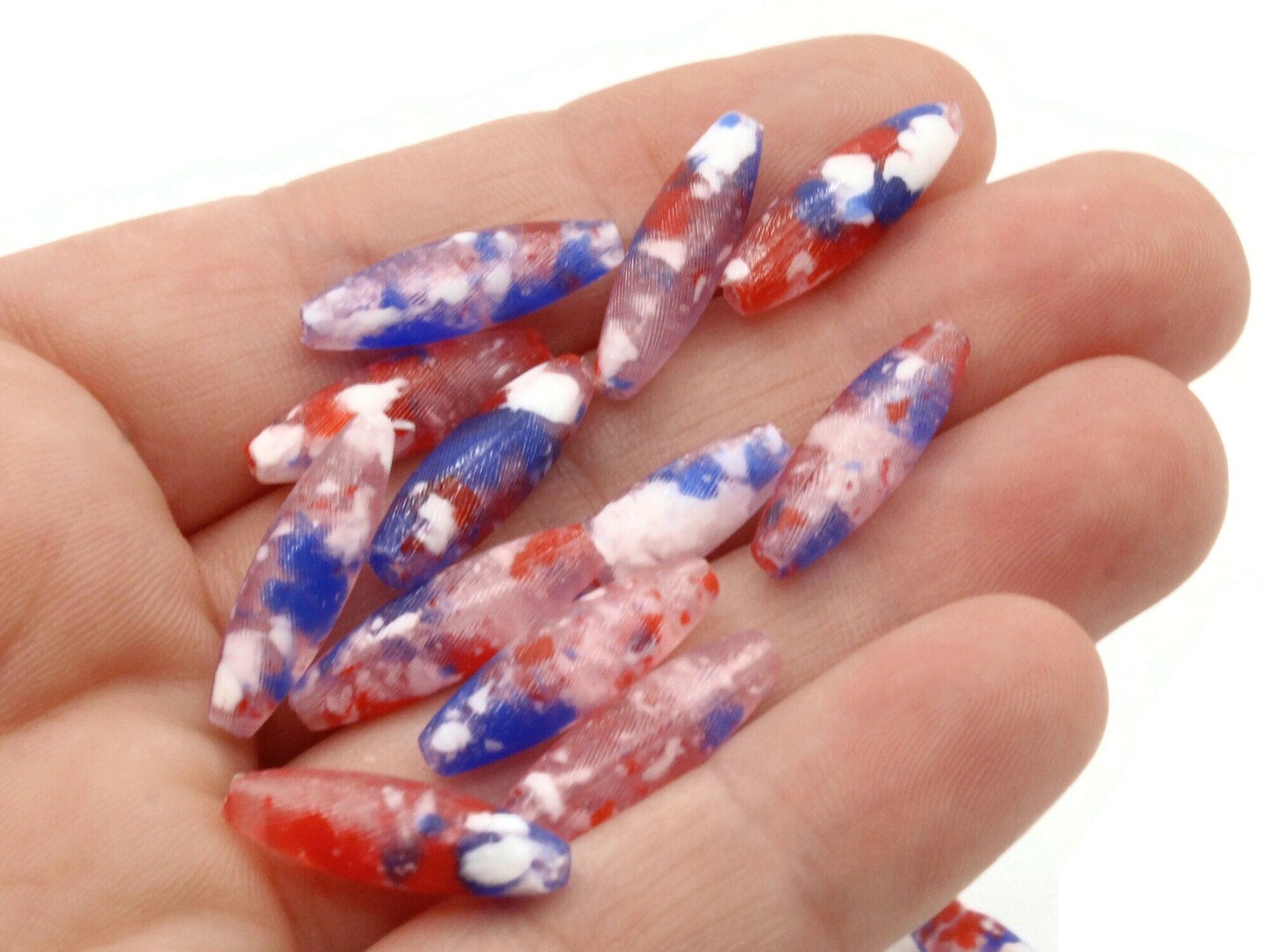 20 19mm Red White and Blue Vintage Plastic Tube Beads