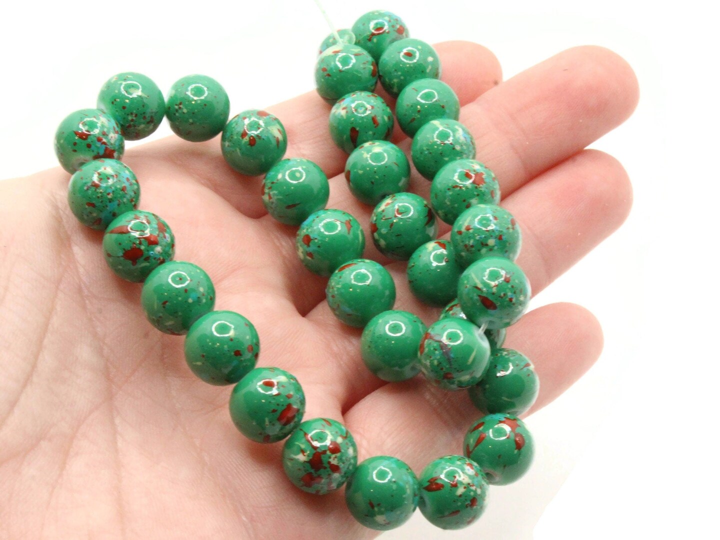 40 10mm Green and Red Splatter Paint Smooth Round Glass Beads