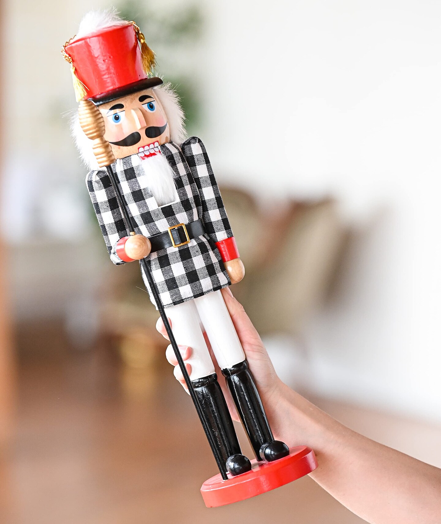 Ornativity Christmas Checkered Soldier Nutcracker – Black and White Wooden Nutcracker Toy Soldier Knight with a Staff in Hand Xmas Themed Holiday Nut Cracker Doll Figure Decorations