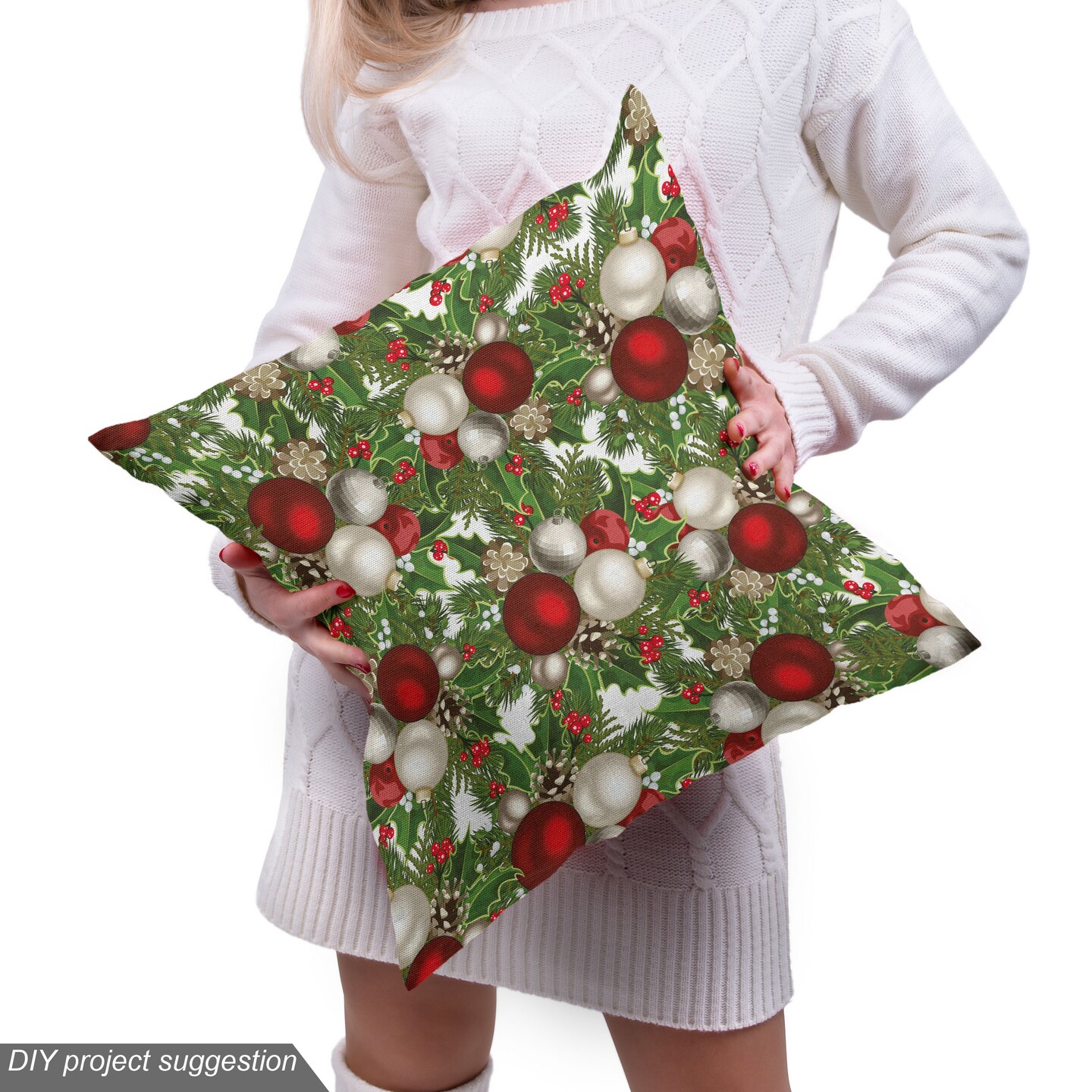 Ambesonne Christmas Fabric by the Yard, Pine Fir Cones Balls and Coniferous Tree Leaves Holly Berry Old Fashioned, Decorative Fabric for Upholstery and Home Accents, 5 Yards, Red Green Grey