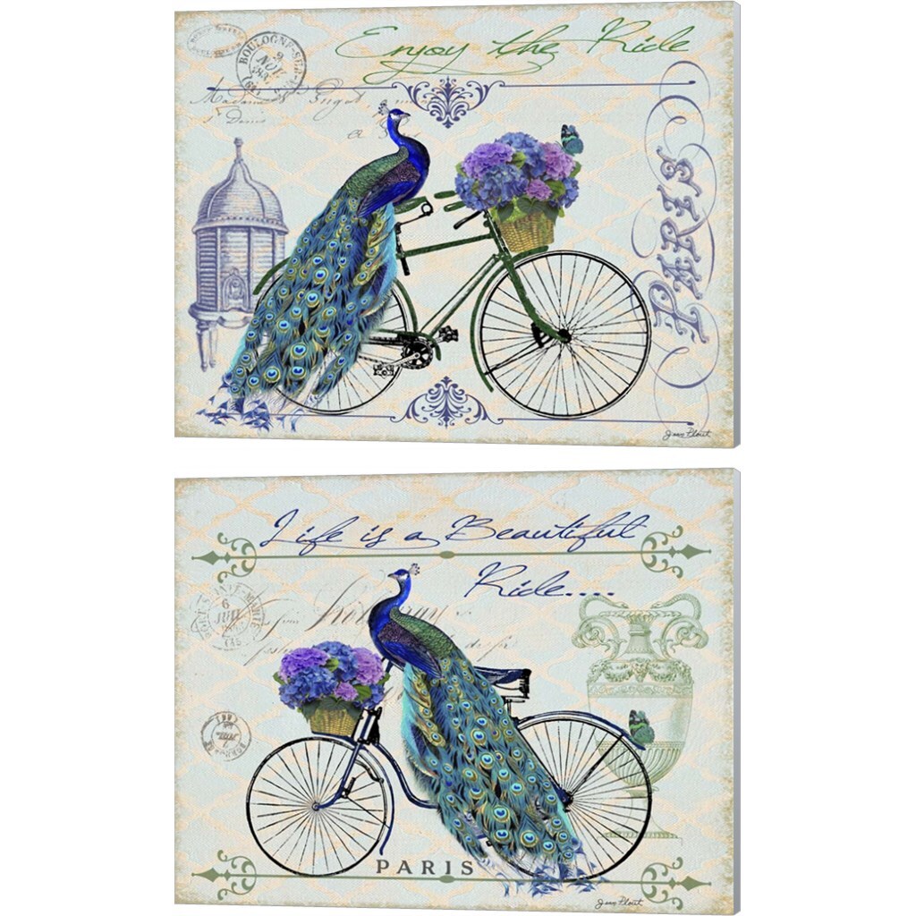 Peacock On Bicylce by Jean Plout 15&#x22; x 12&#x22; Canvas Wall Art (Set of 2)