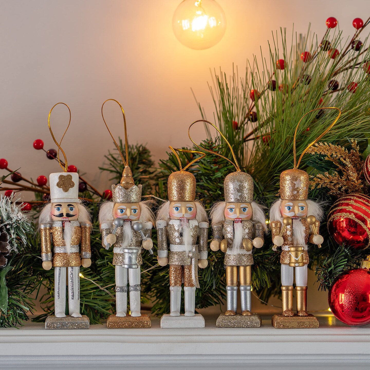 Ornativity Nutcracker Hanging Ornament Figures – Gold and Silver Glittered Christmas Mini Wooden King and Soldier Nutcrackers Xmas Tree Ornament Set – 5 Pieces